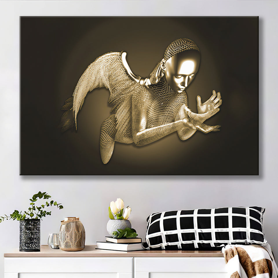 3D Effect Art Black Angel Gold Canvas Prints Wall Art - Painting Canvas, Wall Decor, Home Decor, Prints for Sale
