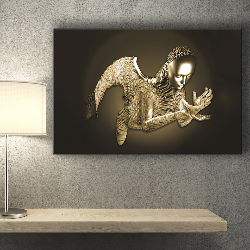 3D Effect Art Black Angel Gold Canvas Prints Wall Art - Painting Canvas, Wall Decor, Home Decor, Prints for Sale