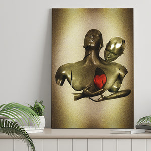 3D Effect Art Black Love Red Moon Heart Glitter Gold Background Canvas Prints Wall Art - Painting Canvas, Home Wall Decor, For Sale