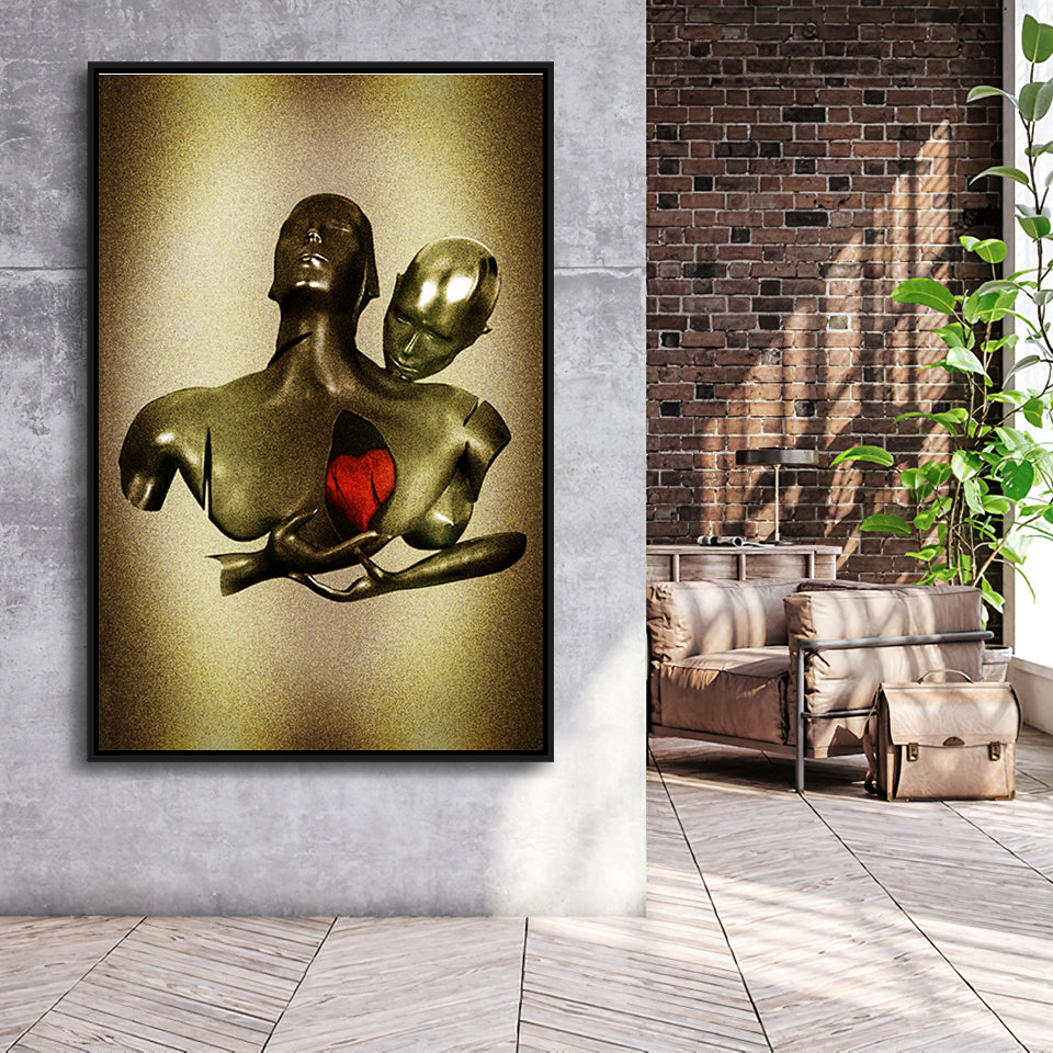 3D Effect Art Black Love Red Moon Heart Glitter Gold Background Framed Canvas Prints Wall Art - Painting Canvas,Floating Frame,Wall Decor
