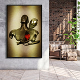 3D Effect Art Black Love Red Moon Heart Glitter Gold Background Framed Canvas Prints Wall Art - Painting Canvas,Floating Frame,Wall Decor