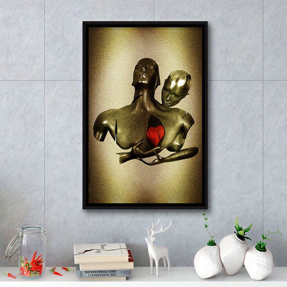 3D Effect Art Black Love Red Moon Heart Glitter Gold Background Framed Canvas Prints Wall Art - Painting Canvas,Floating Frame,Wall Decor
