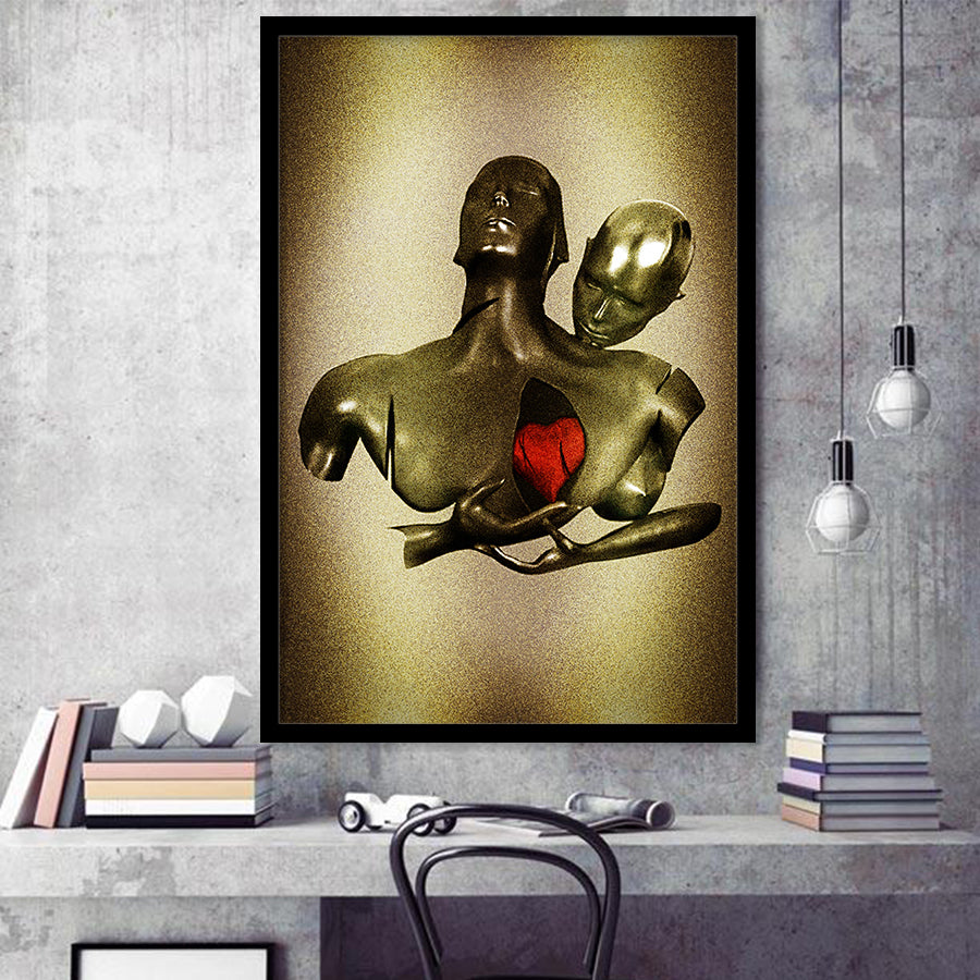 3D Effect Art Black Love Red Moon Heart Glitter Gold Background Framed Art Print Wall Decor - Painting Art,Framed Picture,Wall Art