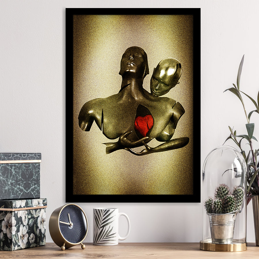 3D Effect Art Black Love Red Moon Heart Glitter Gold Background Framed Art Print Wall Decor - Painting Art,Framed Picture,Wall Art