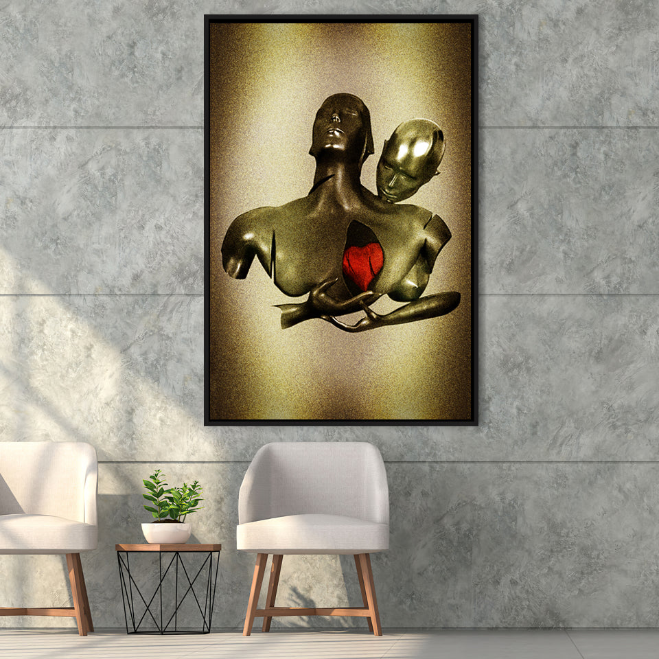 3D Effect Art Black Love Red Moon Heart Glitter Gold Background Framed Canvas Prints Wall Art - Painting Canvas,Floating Frame,Wall Decor