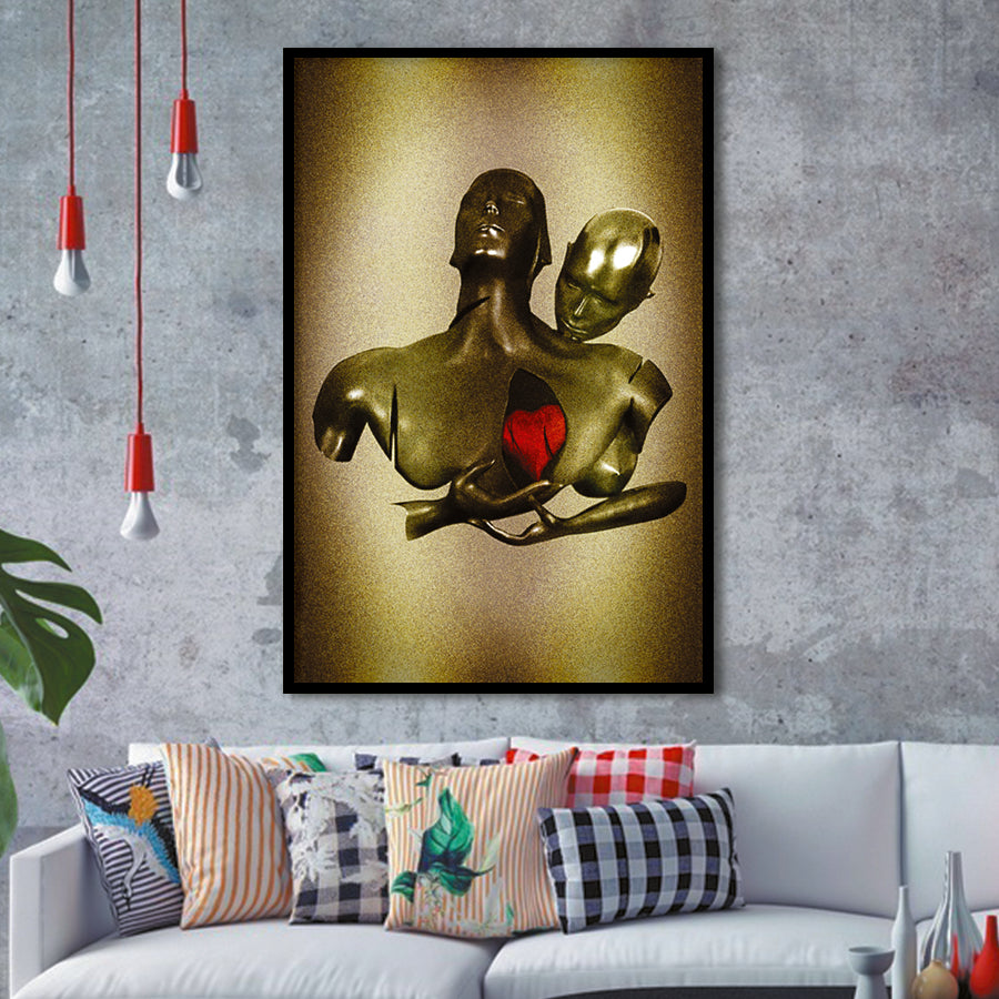 3D Effect Art Black Love Red Moon Heart Glitter Gold Background Framed Art Print Wall Decor - Painting Art,Framed Picture,Wall Art