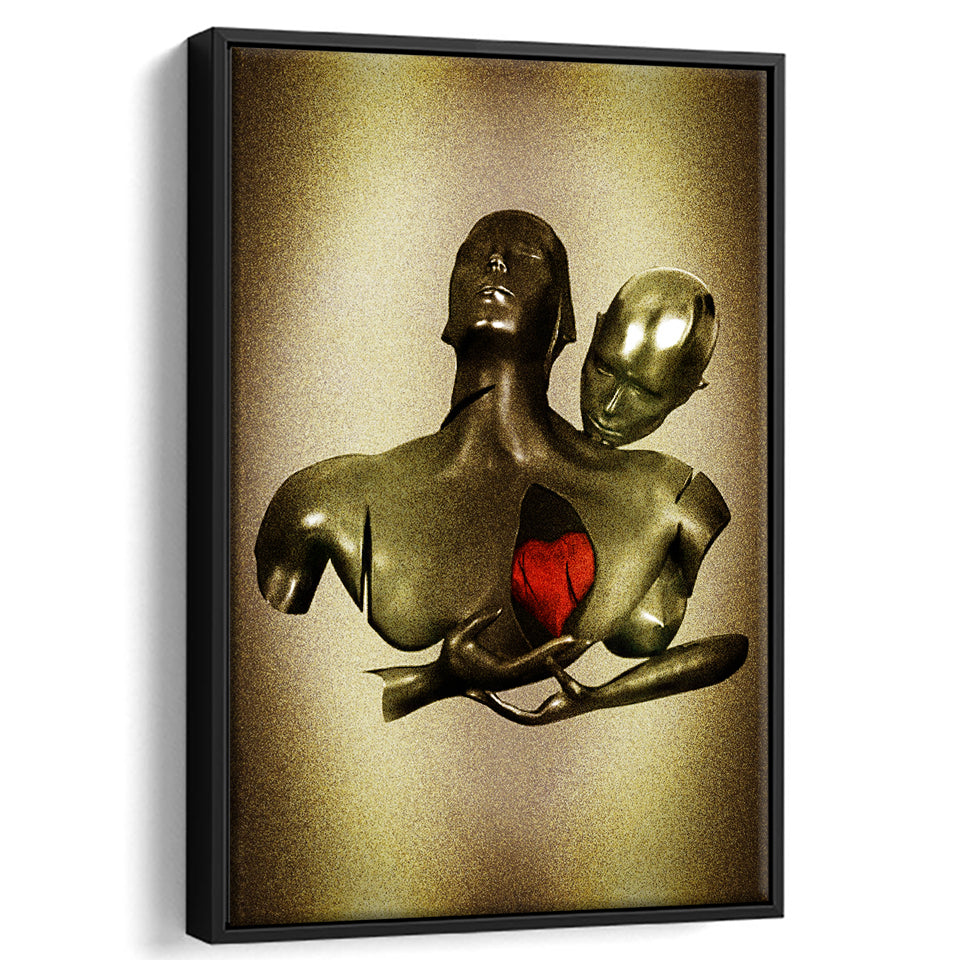 3D Effect Art Black Love Red Moon Heart Glitter Gold Background Framed Canvas Prints Wall Art - Painting Canvas,Floating Frame,Wall Decor