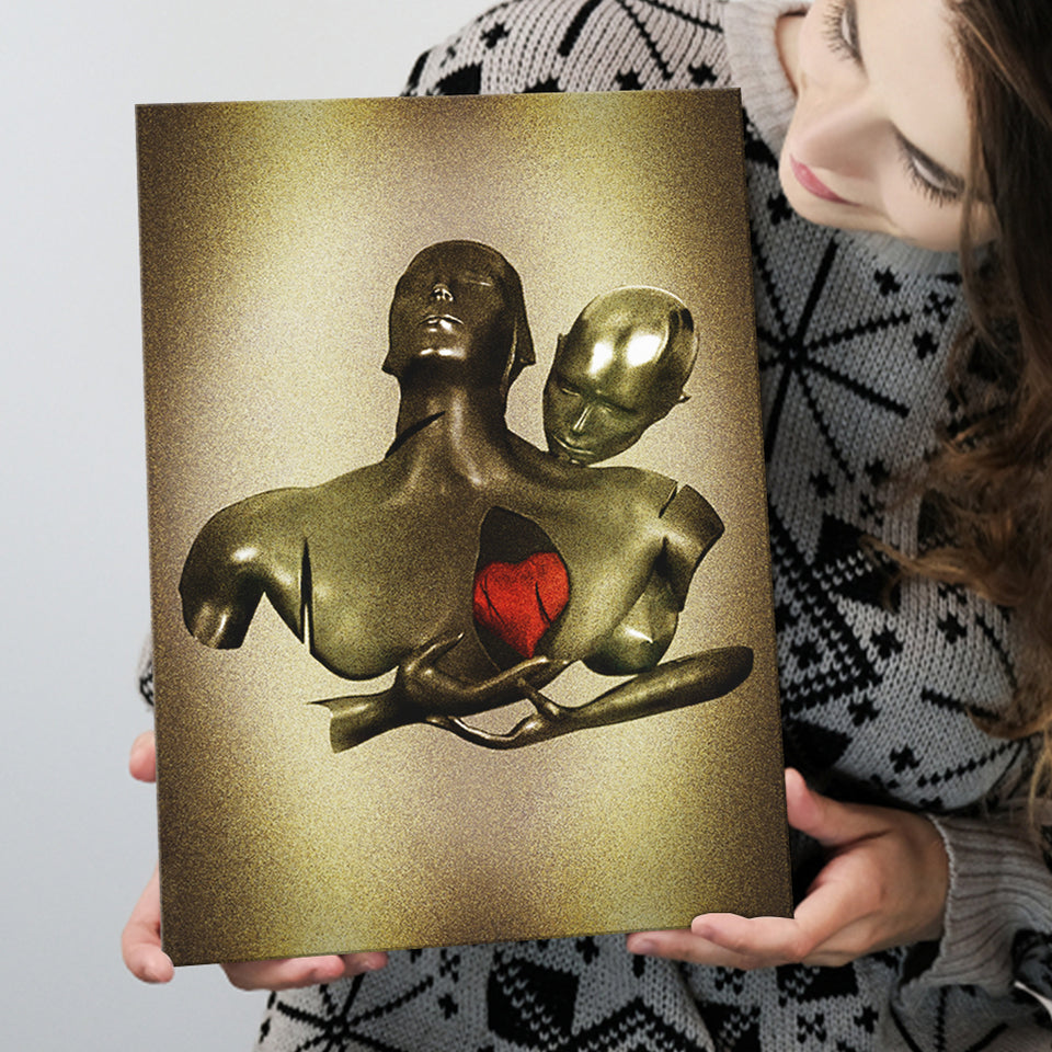 3D Effect Art Black Love Red Moon Heart Glitter Gold Background Canvas Prints Wall Art - Painting Canvas, Home Wall Decor, For Sale
