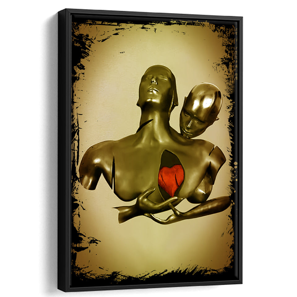 3D Effect Art Black Love Red Moon Heart Gold Background Framed Canvas Prints Wall Art - Painting Canvas,Floating Frame,Wall Decor