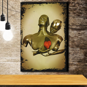 3D Effect Art Black Love Red Moon Heart Gold Background Black Frame Canvas Prints Wall Art - Painting Canvas, Home Wall Decor, For Sale