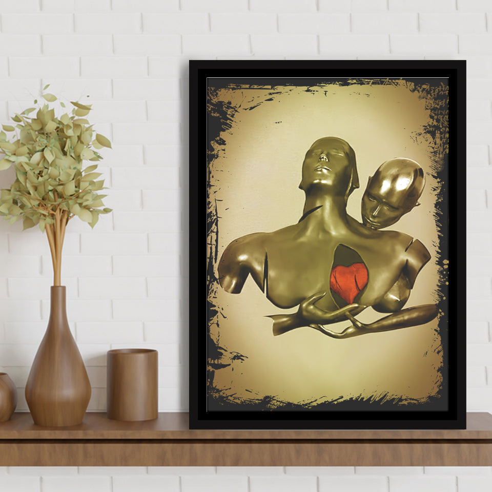 3D Effect Art Black Love Red Moon Heart Gold Background Framed Canvas Prints Wall Art - Painting Canvas,Floating Frame,Wall Decor