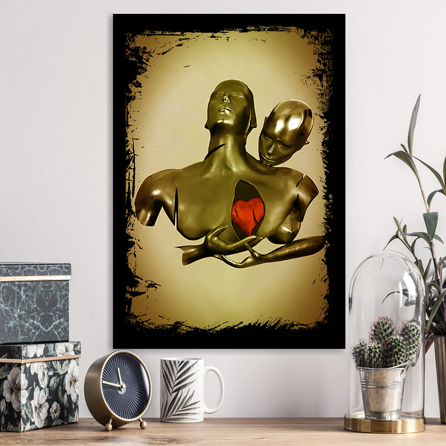 3D Effect Art Black Love Red Moon Heart Gold Background Black Frame Framed Art Print Wall Decor - Painting Art,Framed Picture,Wall Art