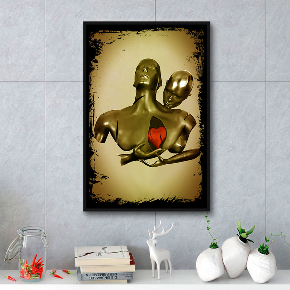 3D Effect Art Black Love Red Moon Heart Gold Background Framed Canvas Prints Wall Art - Painting Canvas,Floating Frame,Wall Decor