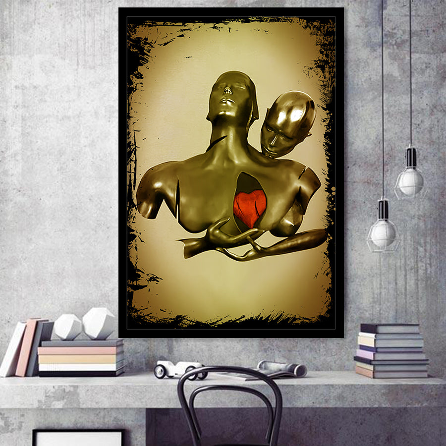 3D Effect Art Black Love Red Moon Heart Gold Background Black Frame Framed Art Print Wall Decor - Painting Art,Framed Picture,Wall Art