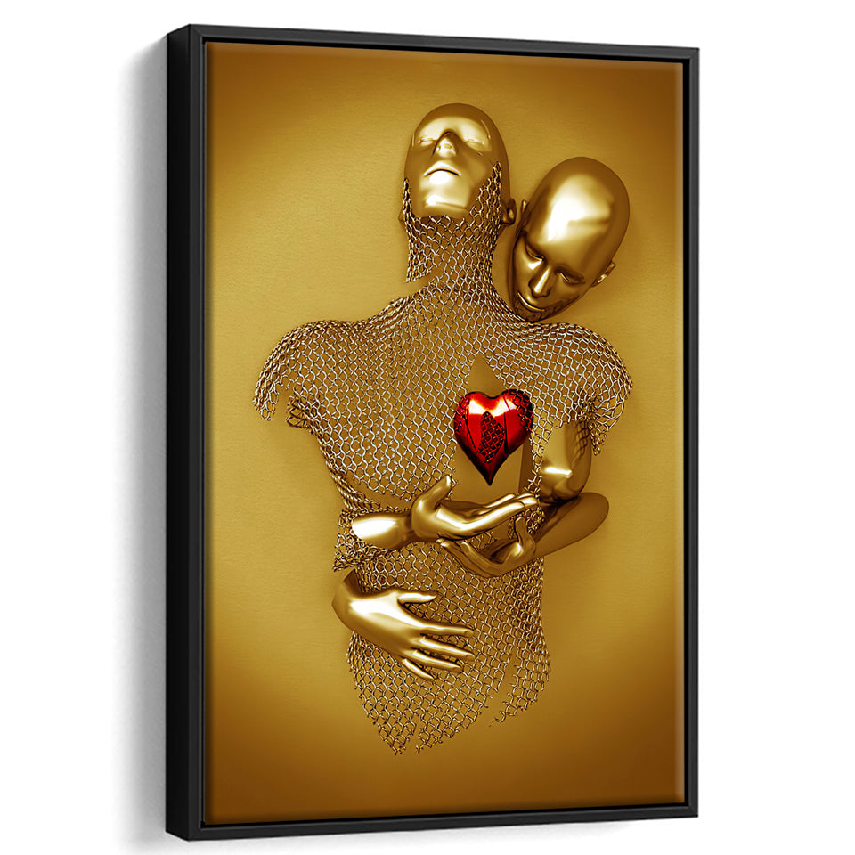 3D Effect Art Couple Love Red Heart Gold Color Framed Canvas Prints Wall Art - Painting Canvas, Home Wall Decor,Framed Picture, For Sale