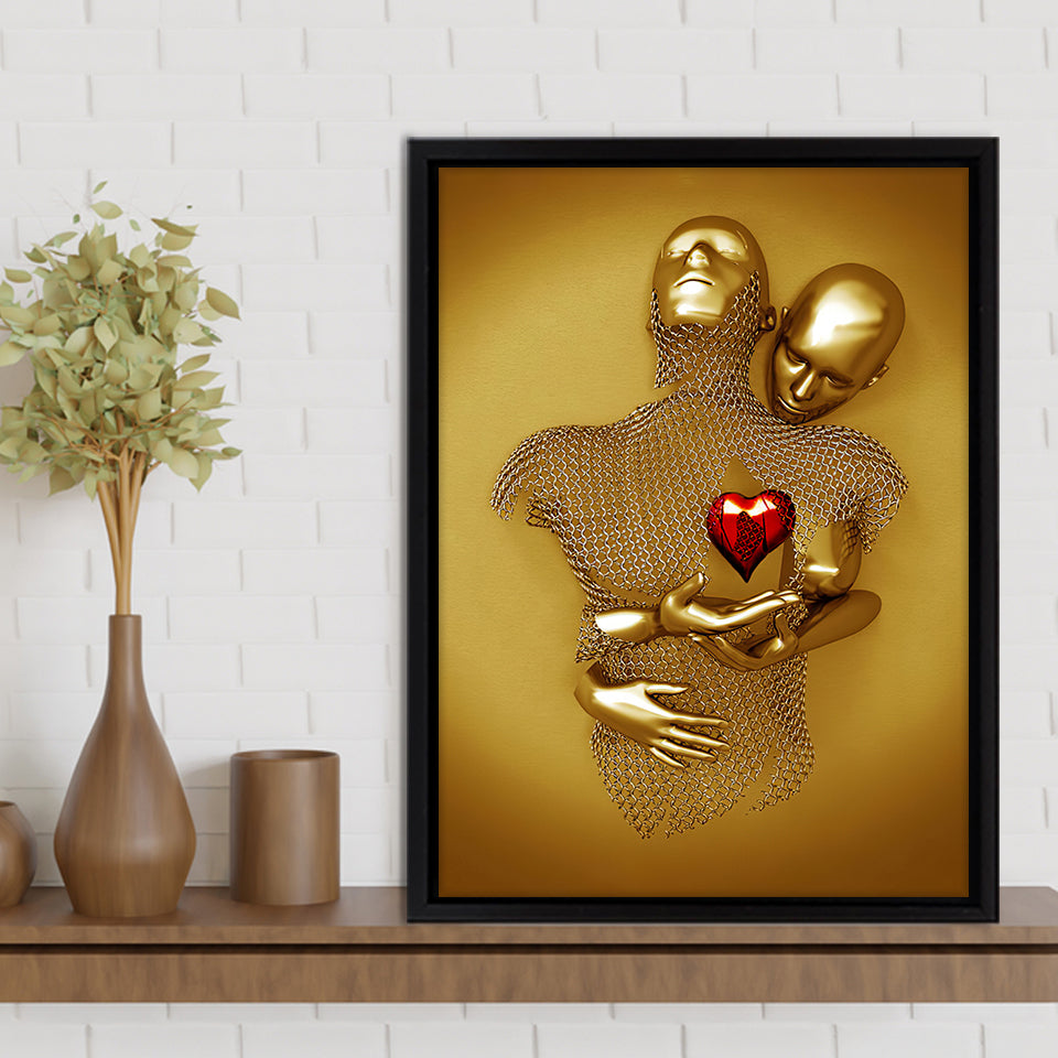 3D Effect Art Couple Love Red Heart Gold Color Framed Canvas Prints Wall Art - Painting Canvas, Home Wall Decor,Framed Picture, For Sale