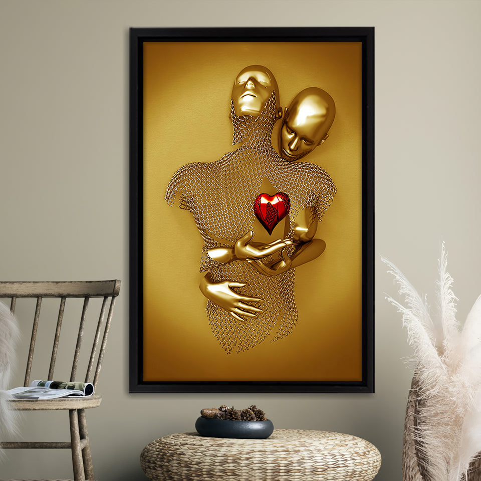 3D Effect Art Couple Love Red Heart Gold Color Framed Canvas Prints Wall Art - Painting Canvas, Home Wall Decor,Framed Picture, For Sale