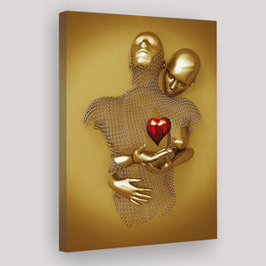 3D Effect Art Couple Love Red Heart Gold Color Canvas Prints Wall Art - Painting Canvas, Home Wall Decor, For Sale