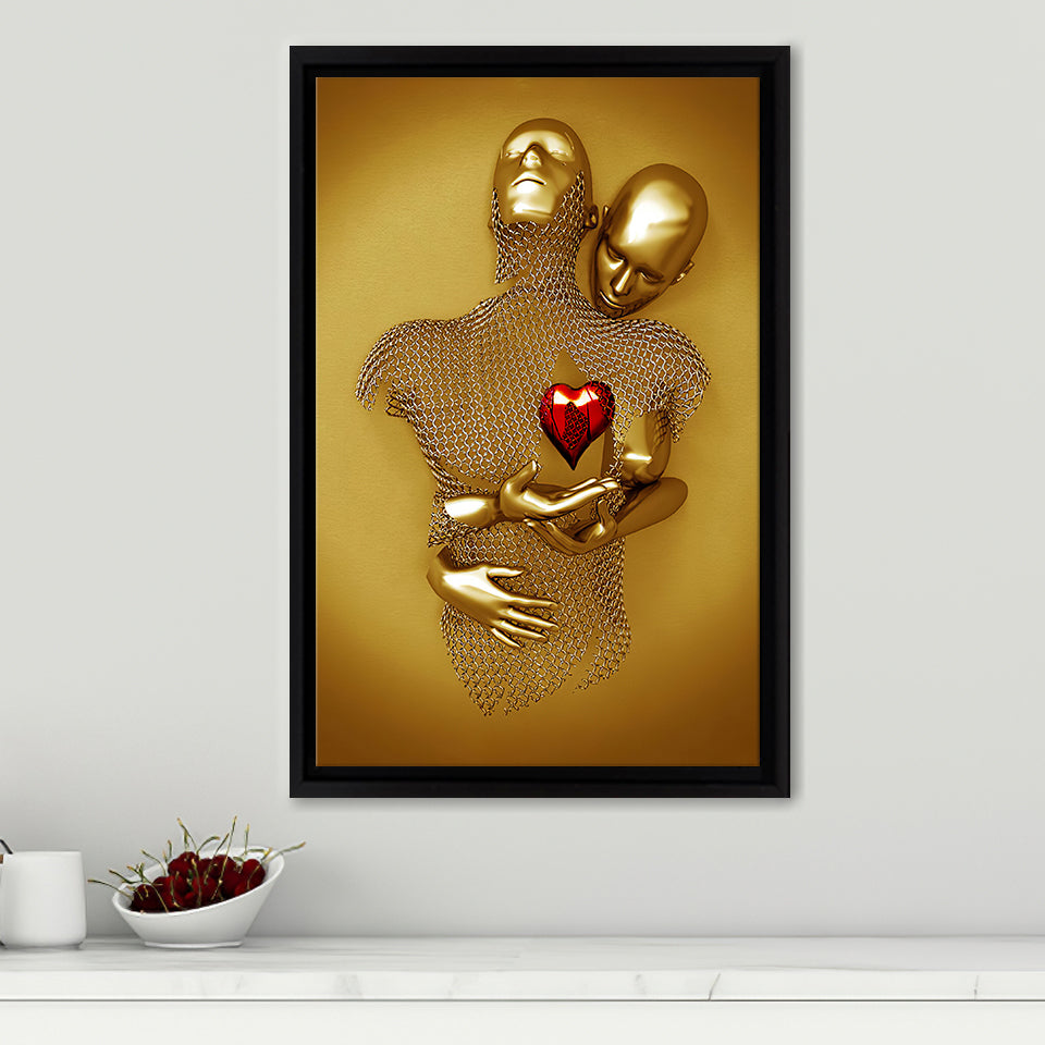 3D Effect Art Couple Love Red Heart Gold Color Framed Canvas Prints Wall Art - Painting Canvas, Home Wall Decor,Framed Picture, For Sale