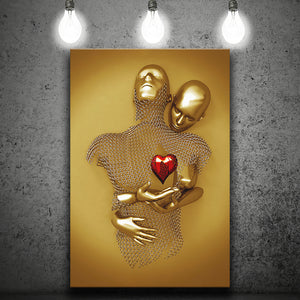 3D Effect Art Couple Love Red Heart Gold Color Canvas Prints Wall Art - Painting Canvas, Home Wall Decor, For Sale