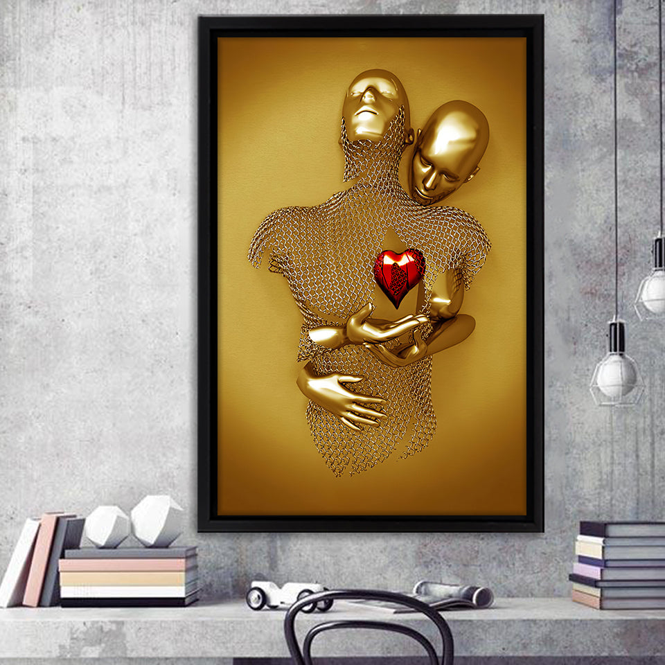 3D Effect Art Couple Love Red Heart Gold Color Framed Canvas