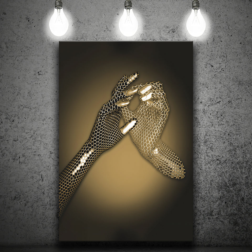 3D Effect Art Hand in Hand Gold Canvas Prints Wall Art - Painting Canvas, Wall Decor, Home Decor, Prints for Sale