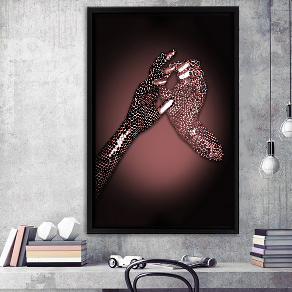 3D Effect Art Hand in Hand Pink Gold Color Framed Canvas Prints Wall Art - Painting Canvas, Wall Decor, Framed Art, Prints for Sale
