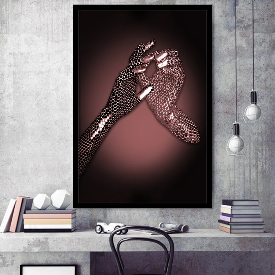 3D Effect Art Hand in Hand Pink Gold Color Framed Art Prints Wall Decor - Painting Prints, Wall Art, Home Decor, Prints for Sale