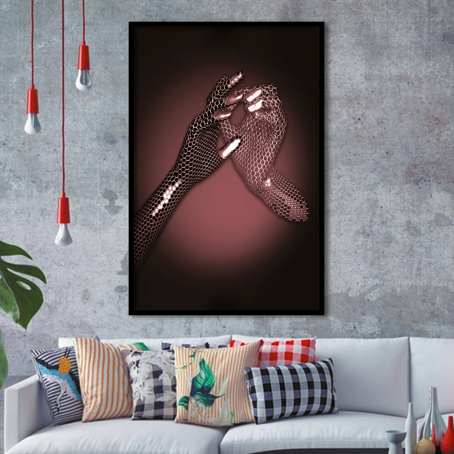 3D Effect Art Hand in Hand Pink Gold Color Framed Art Prints Wall Decor - Painting Prints, Wall Art, Home Decor, Prints for Sale
