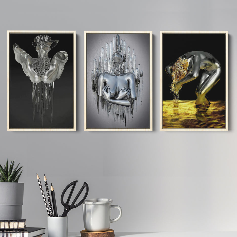 3D Effect Art Hides Pain And Melting,Unconventional Queen,Woman With Gold Hair Set of 3 Piece Framed Canvas Prints Wall Art