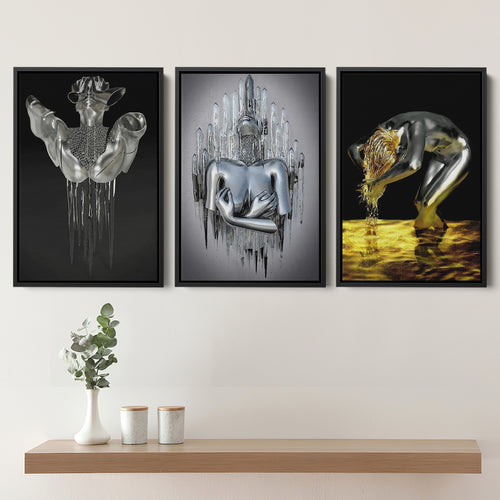 3D Effect Art Hides Pain And Melting,Unconventional Queen,Woman With Gold Hair Set of 3 Piece Framed Canvas Prints Wall Art
