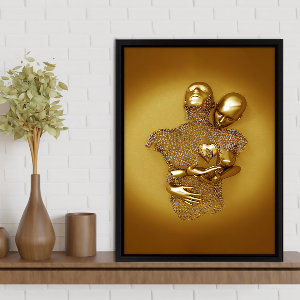 3D Effect Art Hug Love Gold Color Frame Canvas Prints Wall Art