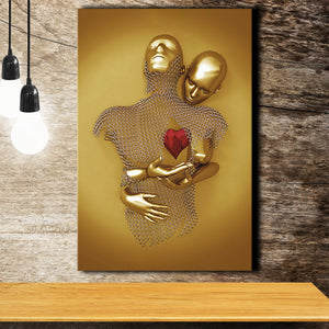 3D Effect Art Hug Love Red Moon Heart Gold Color V1 Canvas Prints Wall Art - Painting Canvas, Home Wall Decor, For Sale