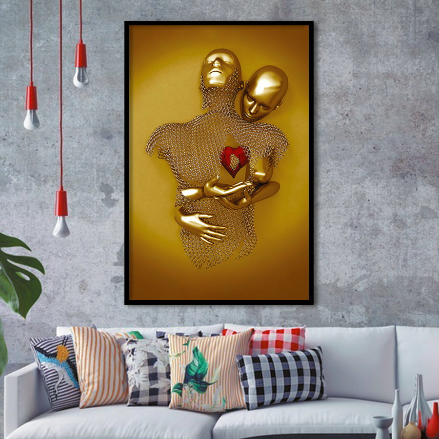 3D Effect Art Hug Love Red Moon Heart Gold Color V2 Framed Art Prints Wall Decor - Painting Art, Home Decor,Wall Art, Framed Picture