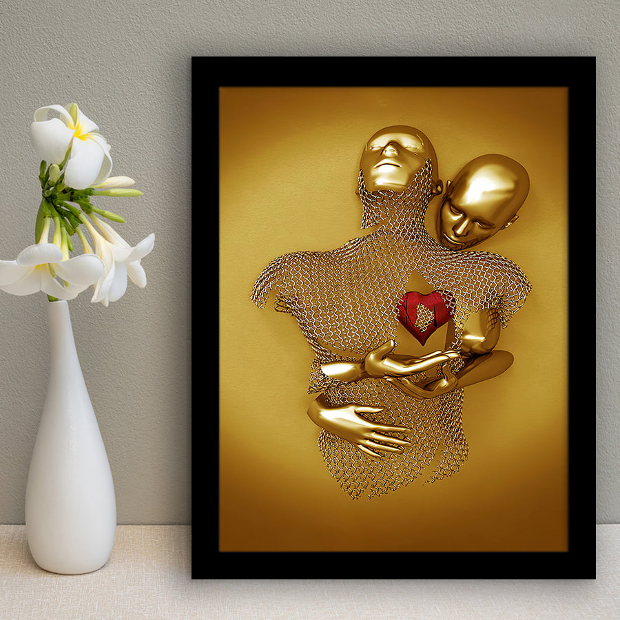 3D Effect Art Hug Love Red Moon Heart Gold Color V2 Framed Art Prints Wall Decor - Painting Art, Home Decor,Wall Art, Framed Picture