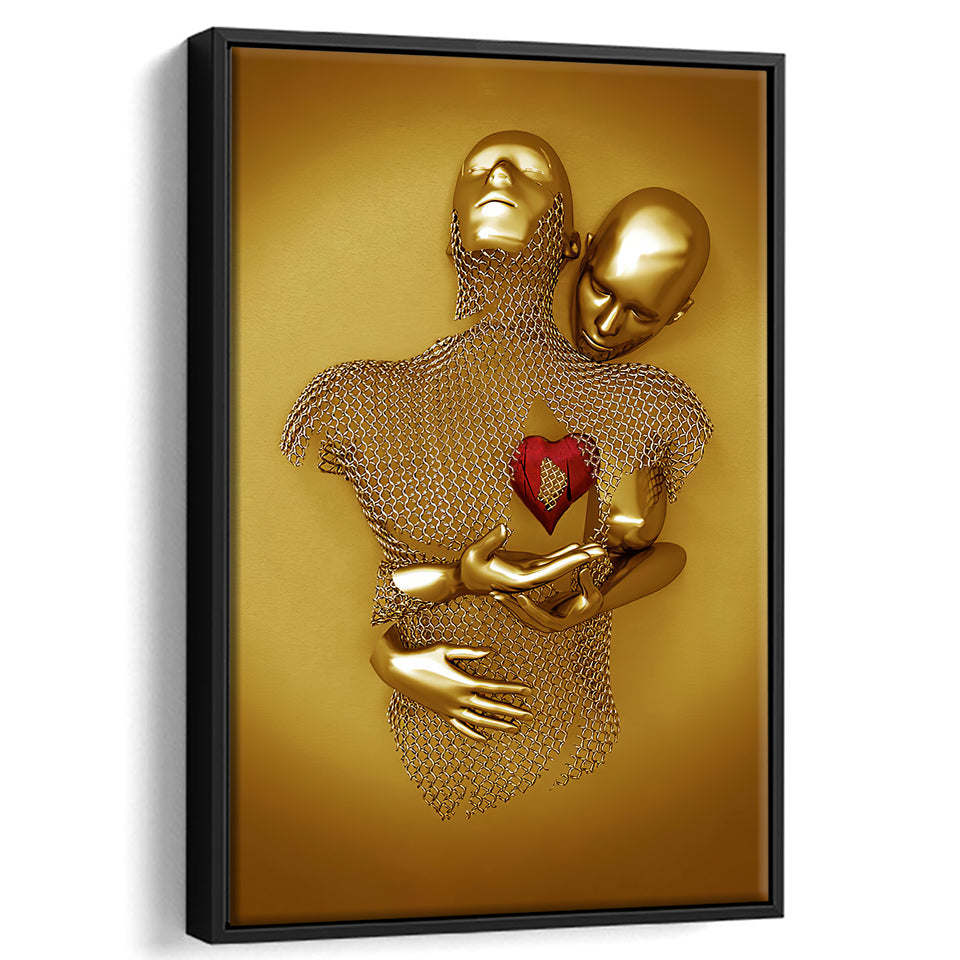 3D Effect Art Hug Love Red Moon Heart Gold Color V2 Framed Canvas Prints Wall Art - Painting Canvas, Home Wall Decor,Framed Picture, For Sale