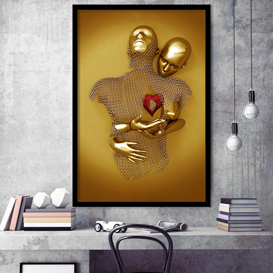 3D Effect Art Hug Love Red Moon Heart Gold Color V2 Framed Art Prints Wall Decor - Painting Art, Home Decor,Wall Art, Framed Picture
