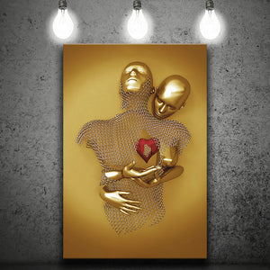 3D Effect Art Hug Love Red Moon Heart Gold Color V2 Canvas Prints Wall Art - Painting Canvas, Home Wall Decor, For Sale