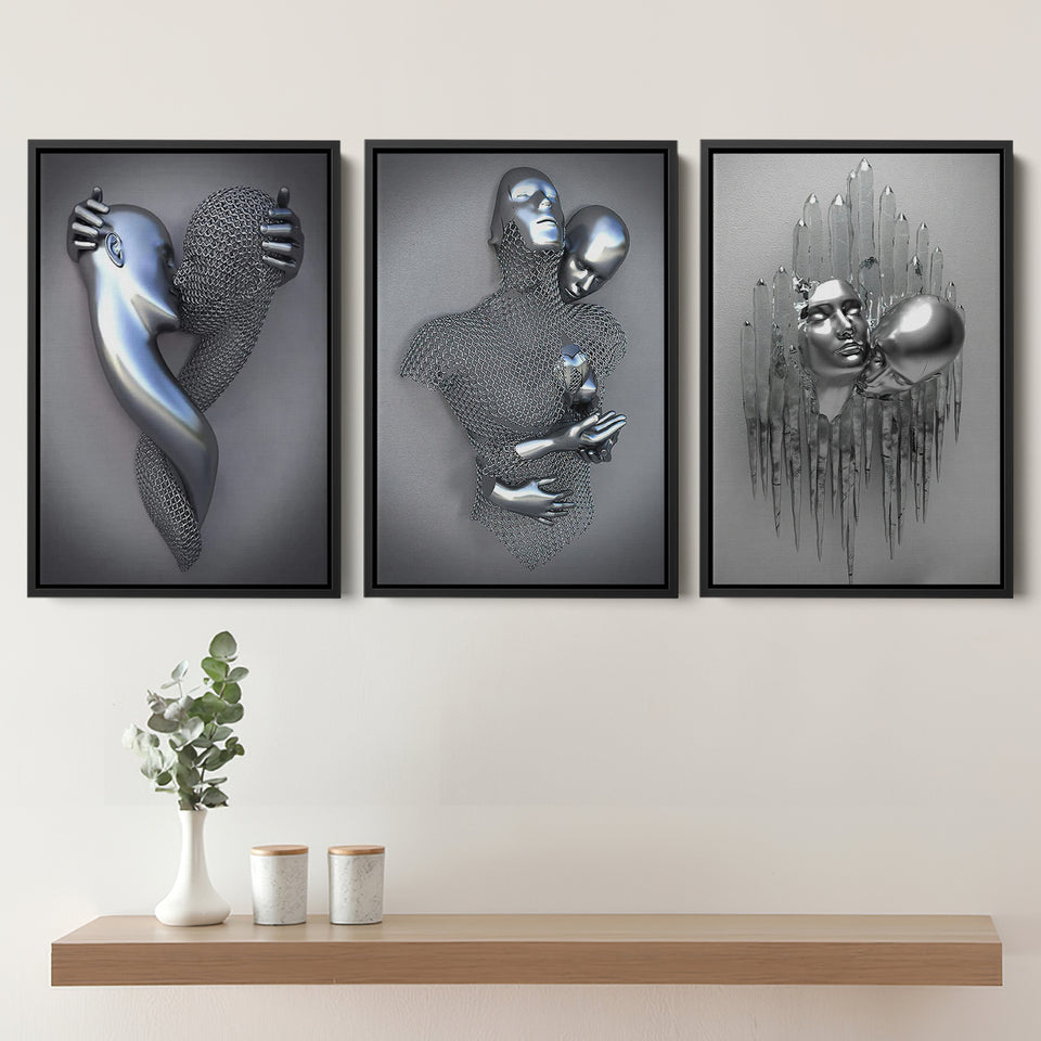 3D Effect Art Kissing Couple Wall Art Set of 3 Piece Framed Canvas Prints Wall Art Decor