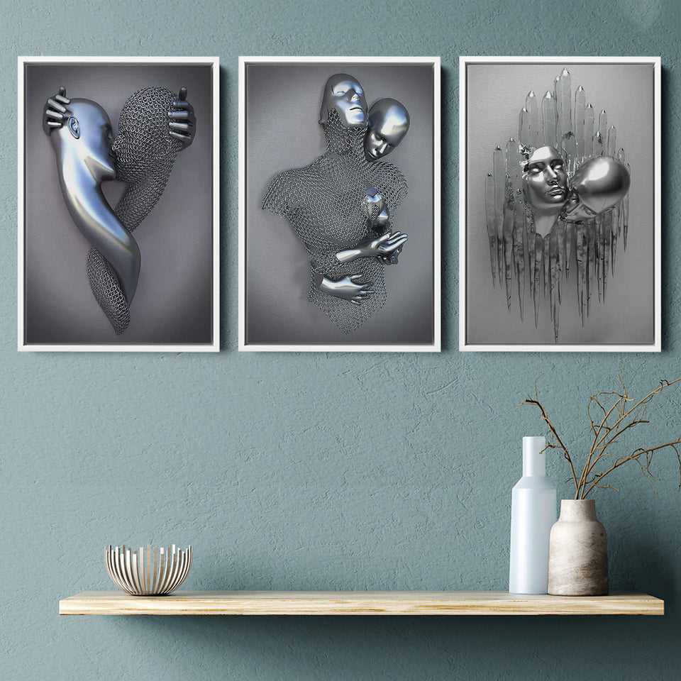 3D Effect Art Kissing Couple Wall Art Set of 3 Piece Framed Canvas Prints Wall Art Decor