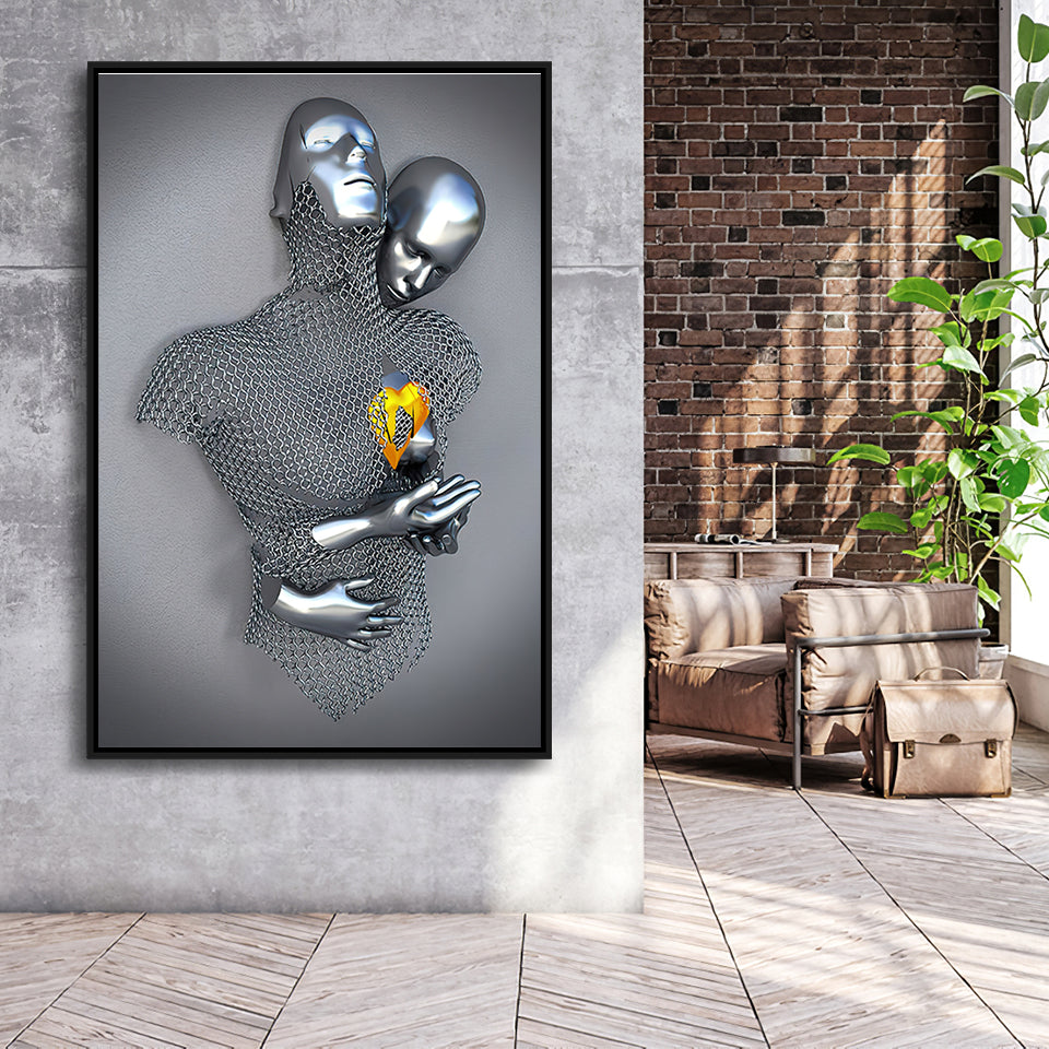 3D Effect Art Love Heart Gold V3 Framed Canvas Prints Wall Art - Painting Canvas,Floating Frame, Home Wall Decor