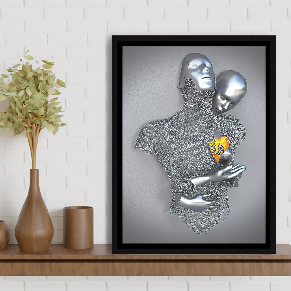 3D Effect Art Love Heart Gold V3 Framed Canvas Prints Wall Art - Painting Canvas,Floating Frame, Home Wall Decor
