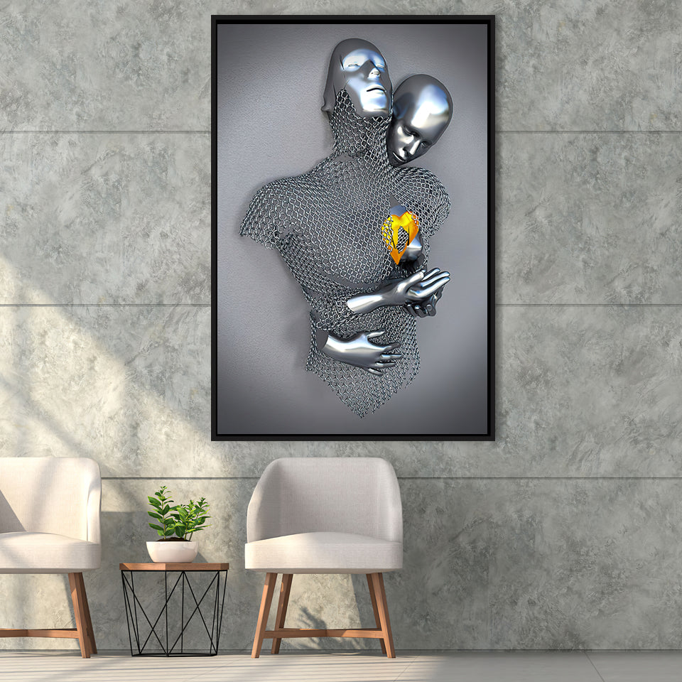 3D Effect Art Love Heart Gold V3 Framed Canvas Prints Wall Art - Painting Canvas,Floating Frame, Home Wall Decor