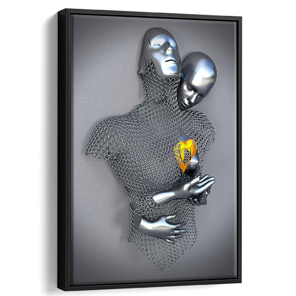 3D Effect Art Love Heart Gold V3 Framed Canvas Prints Wall Art - Painting Canvas,Floating Frame, Home Wall Decor