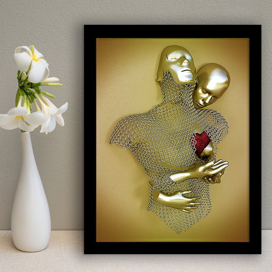 3D Effect Art Love Heart V2 Background Gold Color Framed Art Print Wall Decor - Painting Art,Framed Picture,Wall Art