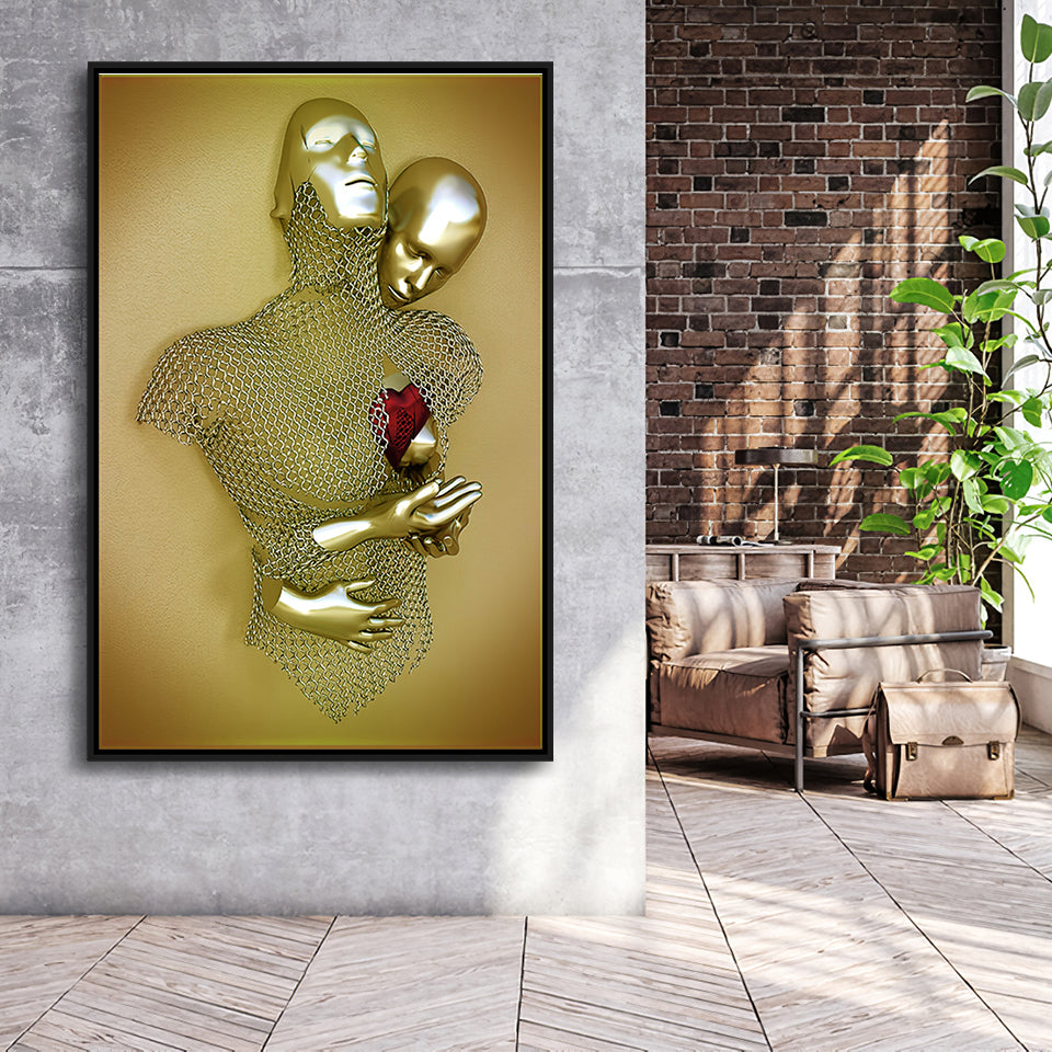 3D Effect Art Love Heart V2 Background Gold Color Framed Canvas Prints Wall Art - Painting Canvas,Floating Frame, Home Wall Decor