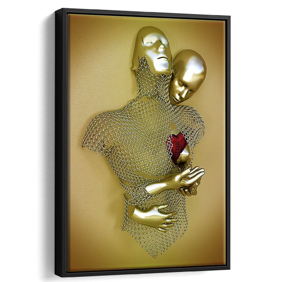 3D Effect Art Love Heart V2 Background Gold Color Framed Canvas Prints Wall Art - Painting Canvas,Floating Frame, Home Wall Decor