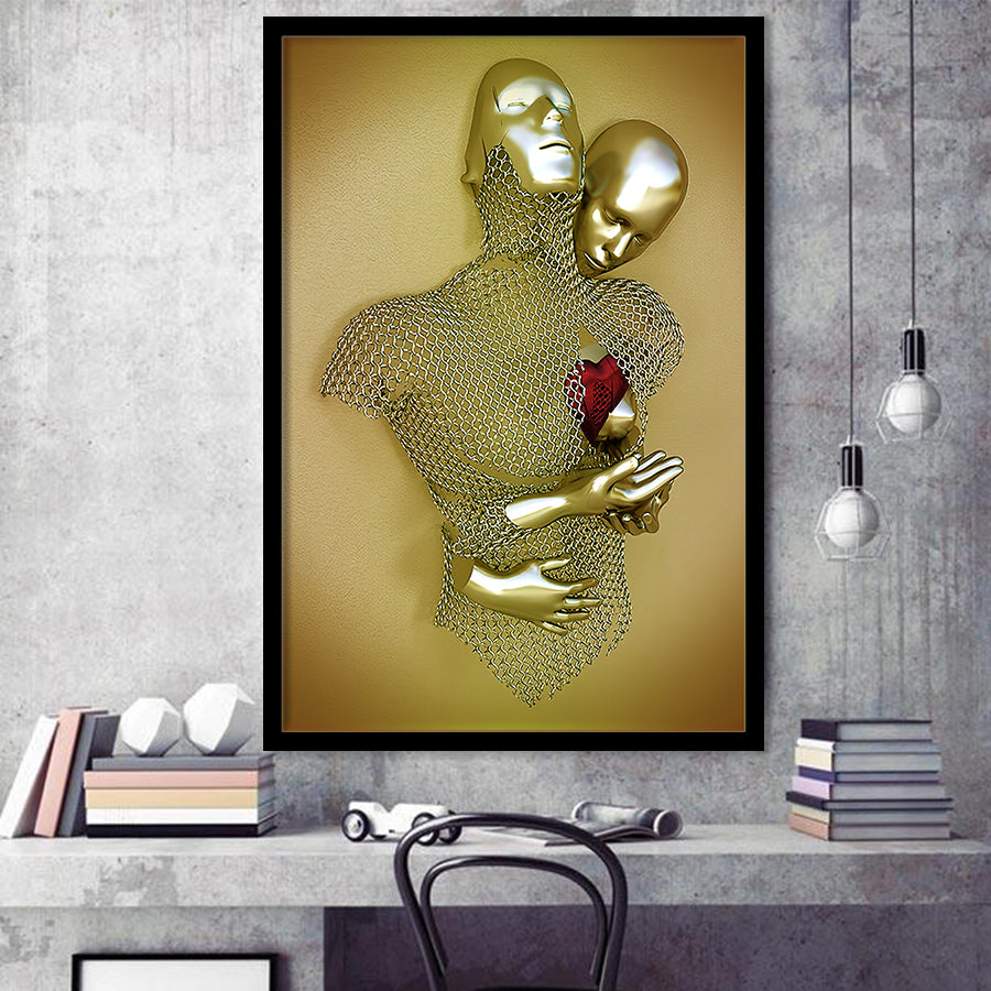 3D Effect Art Love Heart V2 Background Gold Color Framed Art Print Wall Decor - Painting Art,Framed Picture,Wall Art