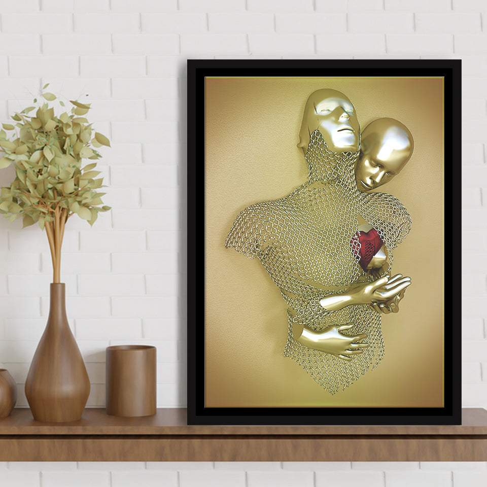 3D Effect Art Love Heart V2 Background Gold Color Framed Canvas Prints Wall Art - Painting Canvas,Floating Frame, Home Wall Decor