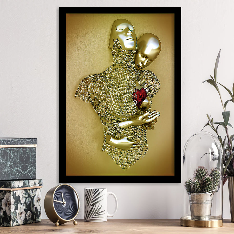 3D Effect Art Love Heart V2 Background Gold Color Framed Art Print Wall Decor - Painting Art,Framed Picture,Wall Art